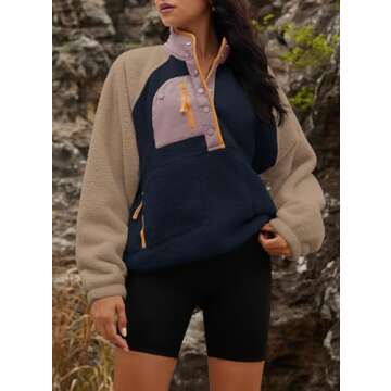 Yanekop Womens Fuzzy Fleece Pullover Sherpa Sweatshirt Long Sleeve Button Down Sweater Jacket with Pockets(Navy Khaki,M)