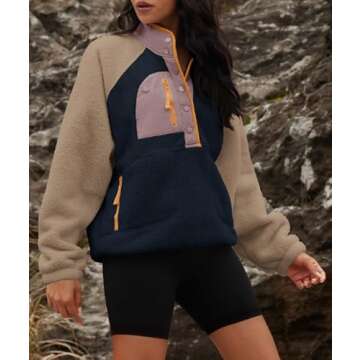 Yanekop Womens Fuzzy Fleece Pullover Sherpa Sweatshirt Long Sleeve Button Down Sweater Jacket with Pockets(Navy Khaki,M)