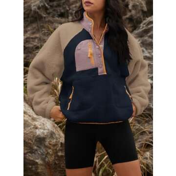 Yanekop Womens Fuzzy Fleece Pullover Sherpa Sweatshirt Long Sleeve Button Down Sweater Jacket with Pockets(Navy Khaki,M)