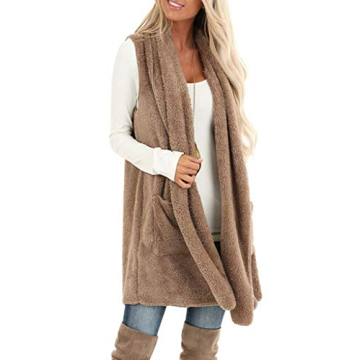 ReachMe Sherpa Vest Womens Open Front Long Vest for Women Sleeveless Fuzzy Vest with Pockets Fleece Vest Cardigan(01 Khaki,M)
