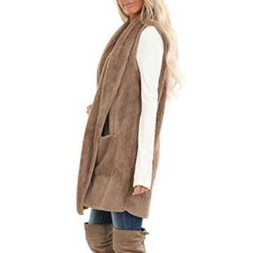 ReachMe Sherpa Vest Womens Open Front Long Vest for Women Sleeveless Fuzzy Vest with Pockets Fleece Vest Cardigan(01 Khaki,M)