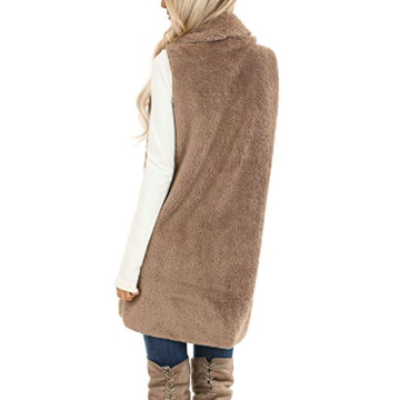 ReachMe Sherpa Vest Womens Open Front Long Vest for Women Sleeveless Fuzzy Vest with Pockets Fleece Vest Cardigan(01 Khaki,M)
