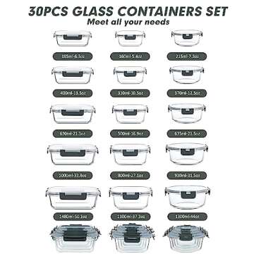 VERONES 30 Pieces Glass Meal Prep Containers Set, Airtight Glass Lunch Containers, Stackable Glass F...