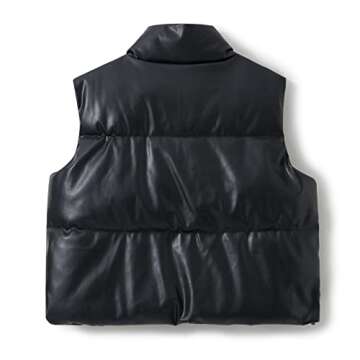 Women PU Leather Cropped Puffer Vest Sleeveless Stand Collar Lightweight Zip Up Padded Gilet Jacket Warm Winter Outerwear (Black, S)