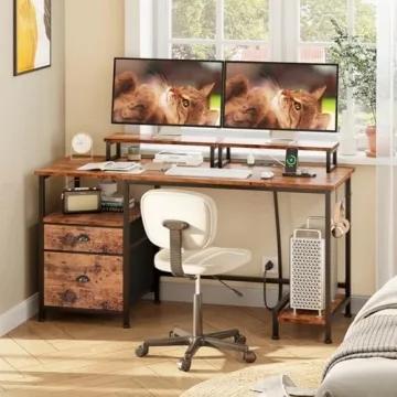 Furologee Computer Desk with Power Outlets & Drawer