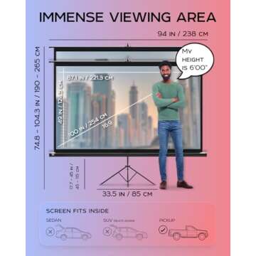 100 Inch Indoor and Outdoor Projector Screen with Stand for Movies or Presentations - HD Premium 16:9 Folding Free Tripod Screen with Carry Bag and Straps, Matte