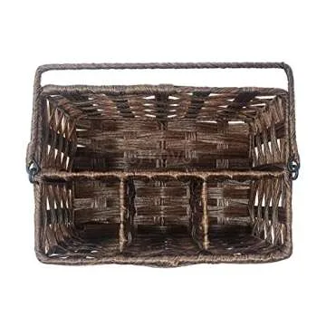 Kovot Poly-Wicker Woven Cutlery Storage Organizer Caddy Tote Bin Basket for Kitchen Table, Cabinet, Pantry, Indoor & Outdoor - Woven Polypropylene | Measures 9.5" x 6.5" x 5" (Dark Brown)