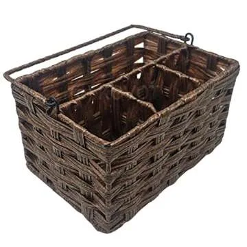 Kovot Poly-Wicker Woven Cutlery Storage Organizer Caddy Tote Bin Basket for Kitchen Table, Cabinet, Pantry, Indoor & Outdoor - Woven Polypropylene | Measures 9.5" x 6.5" x 5" (Dark Brown)