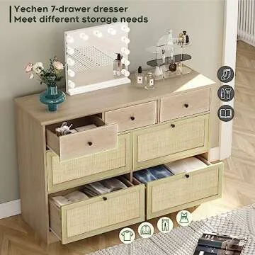 Yechen 7 Drawers Natural Rattan Dresser for Bedroom, Mid-Century Modern Dresser Natural Wood Dressers with Elegant Tabletop, Boho Drawer Dresser TV Stand with Sturdy Base for Living Room, Baby Nursery