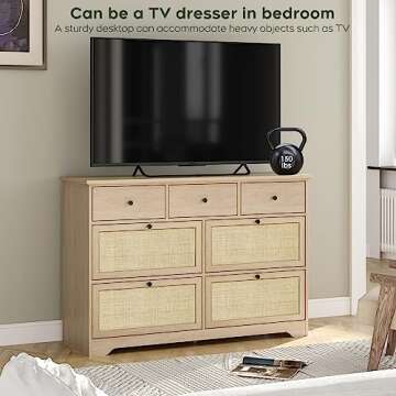 Yechen 7 Drawers Natural Rattan Dresser for Bedroom, Mid-Century Modern Dresser Natural Wood Dressers with Elegant Tabletop, Boho Drawer Dresser TV Stand with Sturdy Base for Living Room, Baby Nursery