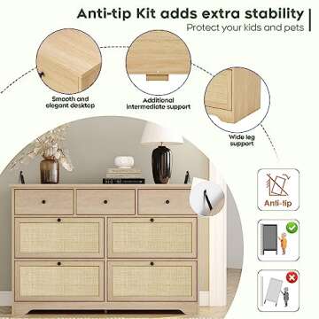 Yechen 7 Drawers Natural Rattan Dresser for Bedroom, Mid-Century Modern Dresser Natural Wood Dressers with Elegant Tabletop, Boho Drawer Dresser TV Stand with Sturdy Base for Living Room, Baby Nursery