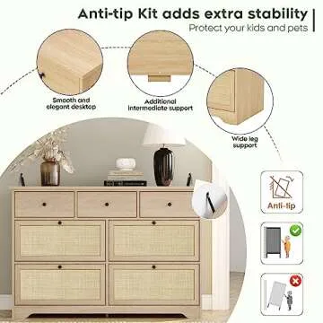 Yechen 7 Drawers Natural Rattan Dresser for Bedroom, Mid-Century Modern Dresser Natural Wood Dressers with Elegant Tabletop, Boho Drawer Dresser TV Stand with Sturdy Base for Living Room, Baby Nursery