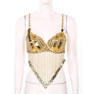 Winnrchan Women Sequin Belly Dance Performance Costume Underwired Bra Crop Top Music Festival Club Tribal Tops Gold One Size