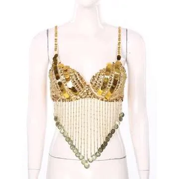 Winnrchan Women Sequin Belly Dance Performance Costume Underwired Bra Crop Top Music Festival Club Tribal Tops Gold One Size