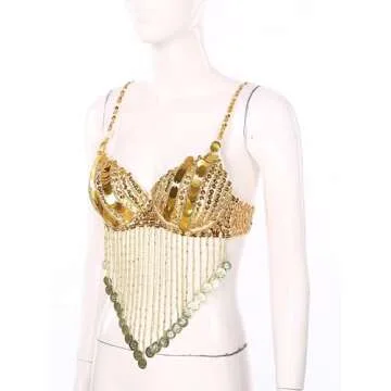 Winnrchan Women Sequin Belly Dance Performance Costume Underwired Bra Crop Top Music Festival Club Tribal Tops Gold One Size