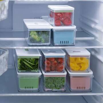 Lille Home Stackable Produce Saver, Organizer Bins/Storage Containers with Removable Drain Tray, Set of Three, for Refrigerators, Cabinets, Countertops and Pantry, BPA Free (Set of Three)