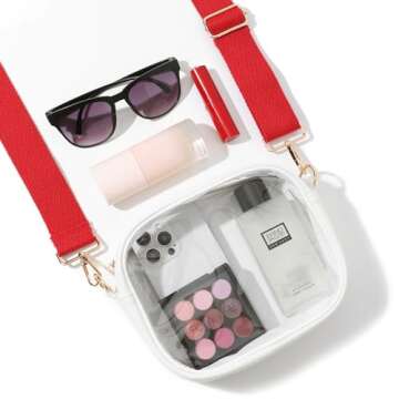 TOBVZOO Clear Purse Crossbody Bag for Women Stadium Approved, Small Leather Clear Bag with Adjustable Strap for Concert Sports Events (White - Red Striped Strap)