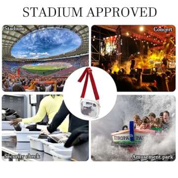 TOBVZOO Clear Purse Crossbody Bag for Women Stadium Approved, Small Leather Clear Bag with Adjustable Strap for Concert Sports Events (White - Red Striped Strap)