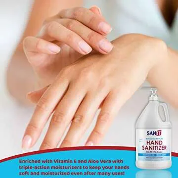 Sanit Moisturizing Hand Sanitizer Gel 70% Alcohol - Kills 99.99% Germs, Advanced Formula with Vitamin E and Aloe Vera - Soothing Gel, Fresh Scent, Made in USA - 1 Gallon with Pump & 2oz Refill Bottle
