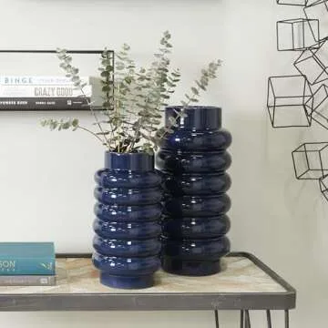CosmoLiving by Cosmopolitan Ceramic Decorative Vase Centerpiece Vases with Stacked Ring Design, Set of 2 Flower Vases for Home Decoration 16", 12"H, Dark Blue