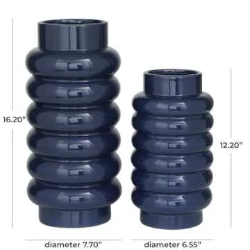 CosmoLiving by Cosmopolitan Ceramic Decorative Vase Centerpiece Vases with Stacked Ring Design, Set of 2 Flower Vases for Home Decoration 16", 12"H, Dark Blue