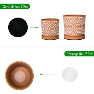 D'vine Dev Set of 2 Terracotta Pots, 4 Inch and 6 Inch, Planter Pots for Plants with Drainage Holes and Saucers, Terracotta/White, 31-958-C-1