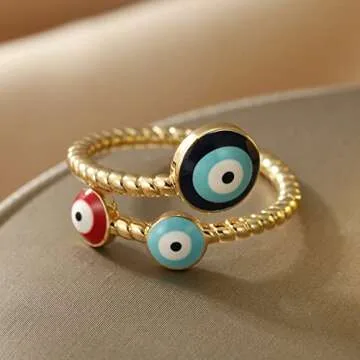 Winssigma Evil Eye Ring for Women, Gold Plated Colorful Cubic Zirconia Turkish Faith Protection for Women(Evil Eye G)