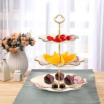 fanquare 3-Tier Floral Royal Cupcake Stand, Vintage Fruit Plate with Gold Trim, Dessert Stand for Bi...