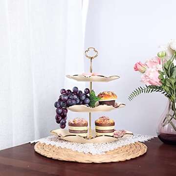fanquare 3-Tier Floral Royal Cupcake Stand, Vintage Fruit Plate with Gold Trim, Dessert Stand for Birthday, Wedding, Tea Party