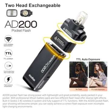 Godox AD200 Strobe Flash Monolight, 200Ws Pocket Flash Light, 2.4G TTL 1/8000 HSS Speedlite with 2900mAh Li-ion Battery, Bare Bulb Flash Head to Provide 500 Full Power Flashes, Recycle in 0.01-2.1s