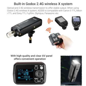 Godox AD200 Strobe Flash Monolight, 200Ws Pocket Flash Light, 2.4G TTL 1/8000 HSS Speedlite with 2900mAh Li-ion Battery, Bare Bulb Flash Head to Provide 500 Full Power Flashes, Recycle in 0.01-2.1s