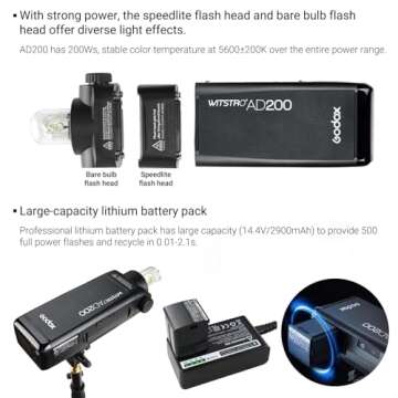 Godox AD200 Strobe Flash Monolight, 200Ws Pocket Flash Light, 2.4G TTL 1/8000 HSS Speedlite with 2900mAh Li-ion Battery, Bare Bulb Flash Head to Provide 500 Full Power Flashes, Recycle in 0.01-2.1s