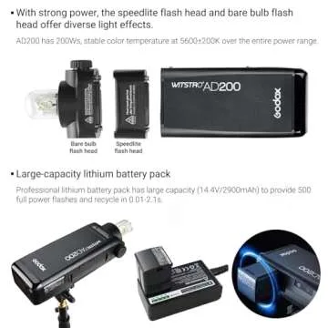 Godox AD200 Strobe Flash Monolight, 200Ws Pocket Flash Light, 2.4G TTL 1/8000 HSS Speedlite with 2900mAh Li-ion Battery, Bare Bulb Flash Head to Provide 500 Full Power Flashes, Recycle in 0.01-2.1s