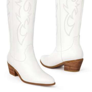Cowboy Boots for Women Knee High Wide Calf Cowgirl Boots Embroidered Chunky Heels Pointed Toe Long T...