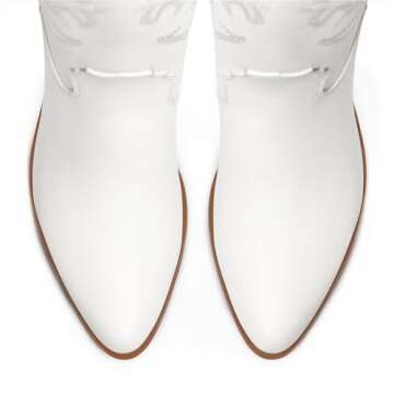 Cowboy Boots for Women Knee High Wide Calf Cowgirl Boots Embroidered Chunky Heels Pointed Toe Long Tall Western Boot Pull On (White, Size 9.5)