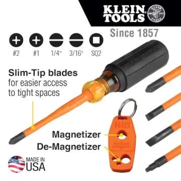 Klein Tools 33736INS Insulated Screwdriver Set, 1000V Slim-Tip Driver with Phillips, Cabinet and Squ...