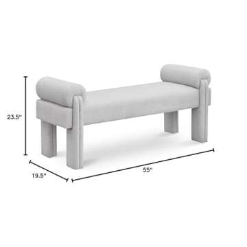 Meridian Furniture 182Grey Stefano Collection Modern | Contemporary Upholstered Bench with Soft Grey Fabric, Rounded Pillow Arms, 55" W x 19.5" D x 23.5" H, Grey