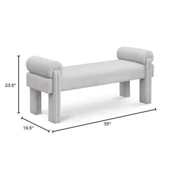 Meridian Furniture 182Grey Stefano Collection Modern | Contemporary Upholstered Bench with Soft Grey Fabric, Rounded Pillow Arms, 55" W x 19.5" D x 23.5" H, Grey