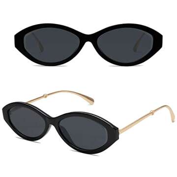 SOJOS Retro Small Cat Eye Sunglasses for Women,Trendy Vintage Narrow Rectangular Designer Stylish Womens Shades SJ2208 Black Frame Gold Temple
