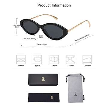 SOJOS Retro Small Cat Eye Sunglasses for Women,Trendy Vintage Narrow Rectangular Designer Stylish Womens Shades SJ2208 Black Frame Gold Temple