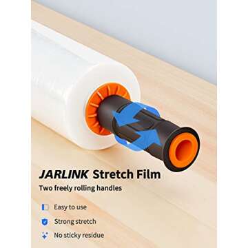JARLINK 2 Pack Stretch Film, 15" x 1000ft Shrink Wrap for Pallet Wrap, Industrial Strength Stretch up to 650% Stretch with Handles, Self Adhering Packaging Heavy Duty Film for Moving, 68 Gauge, Clear