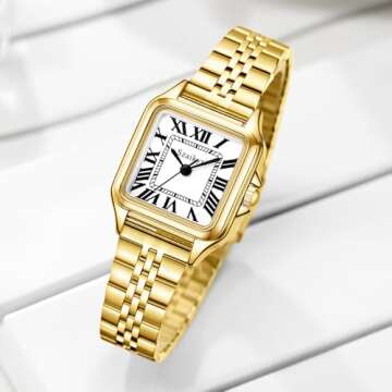 Szaikyri Classic Square Watches for Women with Roman Numerals Ladies Casual Dress Watch (Gold White)