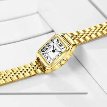 Szaikyri Classic Square Watches for Women with Roman Numerals Ladies Casual Dress Watch (Gold White)