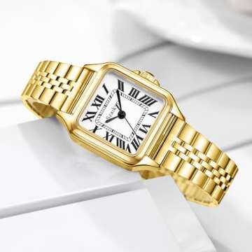 Szaikyri Classic Square Watches for Women with Roman Numerals Ladies Casual Dress Watch (Gold White)