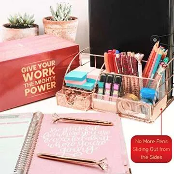OFFICE ALMIGHTY Rose Gold Desk Organizer for Women: Exclusive Large 6 in 1 Mesh Metal Supplies Organizer with Pen Holders, Folder Holder & Accessories Drawer + BONUS 171 Clips Set w/ a Plastic Box
