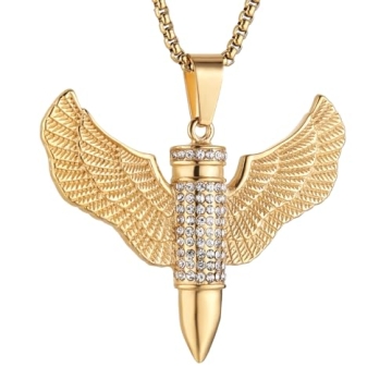 AsAlways 18k Gold Plated Military Bullet Wings Pendant Necklace – Unique Amulet Charm