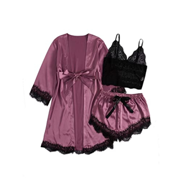 Luxurious 3pcs Satin Floral Lace Pajama Set for Women