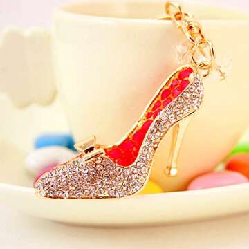 Jzcky Shzrp Cute High-Heeled Shoes Crystal Rhinestone Keychain Key Chain Sparkling Key Ring Charm Purse Pendant Handbag Bag Decoration Holiday Gift(Pink)