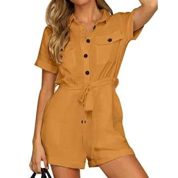 Vetinee Women's Yellow Summer Pockets Belted Romper Buttons Short Sleeve Jumpsuit Playsuit X-Large (US 16-18)