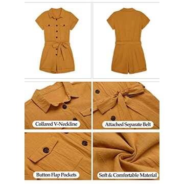 Vetinee Women's Yellow Summer Pockets Belted Romper Buttons Short Sleeve Jumpsuit Playsuit X-Large (US 16-18)